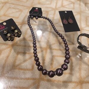 Paparazzi Party Pearls Purple Necklace & Brassy Stone Boho Earring Set